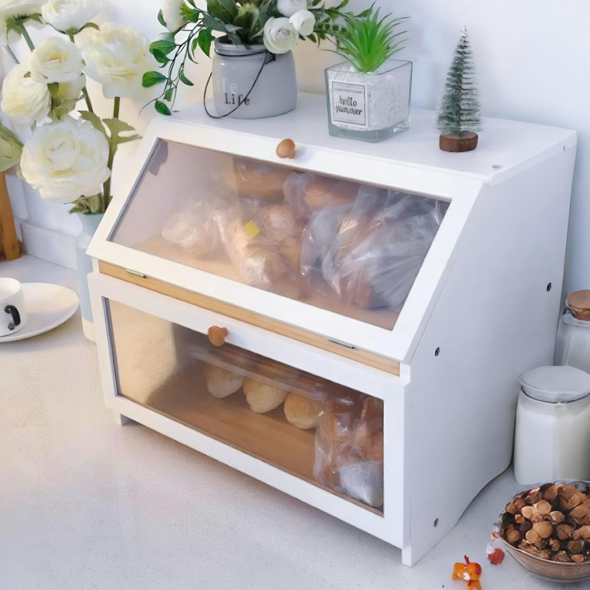 Food Storage Canister - กล่องเก็บขนมปังสองชั้น HOMEKOKO สำหรับวางบนเคาน์เตอร์ครัว, กล่องเก็บขนมปังไม้ขนาดใหญ่สำหรับเคาน์เตอร์ครัว, ที่เก็บขนมปังสำหรับตกแต่งบ้าน, อุปกรณ์จัดระเบียบครัว,