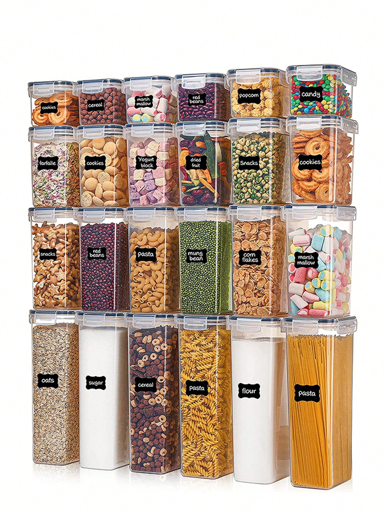 Food Storage Pantry - ชุดภาชนะเก็บอาหารแบบปิดสนิท 48 ชิ้น, แถมฟรีภาชนะพลาสติกสำหรับเก็บสปาเก็ตตี้พร้อมฝาปิดล็อกง่าย, สำหรับการจัดระเบียบและจัดเก็บในครัว, รวมถึงป้ายติดสินค้า,
