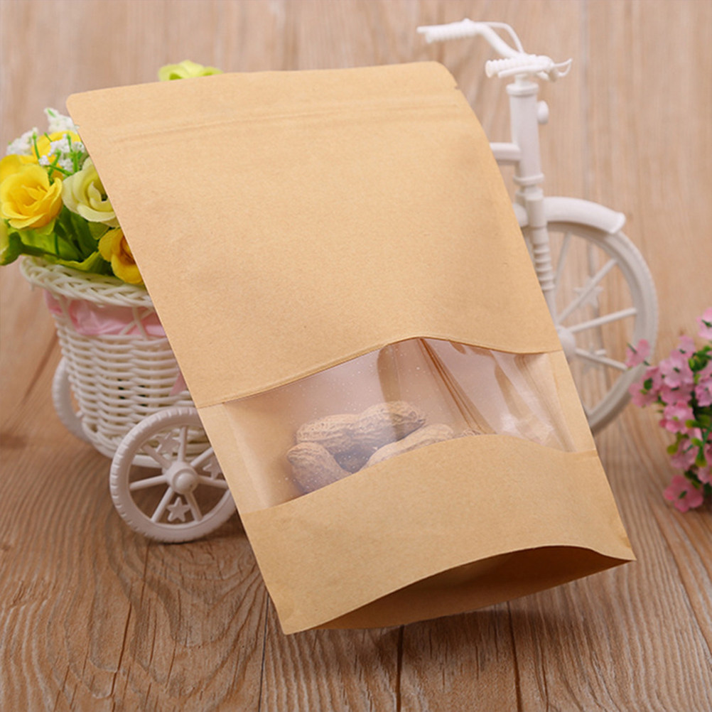 Food Storage Reusable Bags - ถุงกระดาษคราฟท์แบบมีซิปปิดผนึกพร้อมหน้าต่าง 50 ชิ้น สำหรับบรรจุอาหารแบบใช้ซ้ำได้ เหมาะสำหรับคุกกี้ ชา