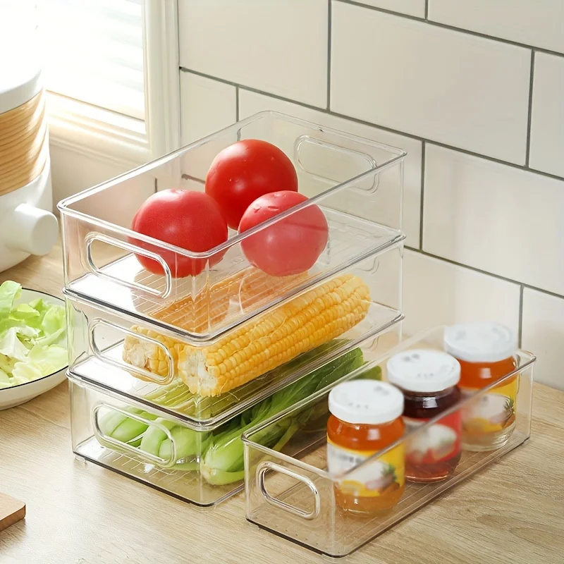 Food Storage Handling - กล่องเก็บของในตู้เย็นแบบโปร่งใสพร้อมหูจับ ผลิตจากพลาสติกเกรดอาหาร ทรงสี่เหลี่ยมผืนผ้า สำหรับจัดเก็บผลไม้ ผัก และอาหาร