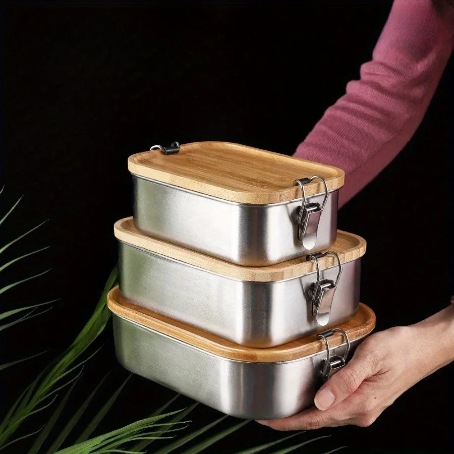 Food Storage Containers B&M - กล่องอาหารกลางวันสแตนเลส 304 ใหม่ พร้อมฝาไม้ไผ่, กล่องถนอมอาหารสไตล์ญี่ปุ่น, กล่องอาหารกลางวัน,