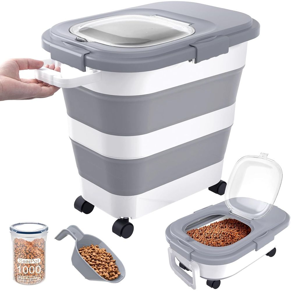 Food Storage Handling - ภาชนะเก็บอาหารสุนัขแบบปิดสนิท, ภาชนะเก็บอาหารสัตว์เลี้ยงขนาดใหญ่แบบพับได้พร้อมฝาปิด, ล้อ, ที่จับ, ที่ตัก, ภาชนะเก็บอาหารแมวขนาดเล็ก