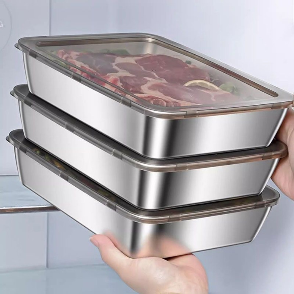 Food Storage Stainless Steel Containers - ถาดเสิร์ฟสแตนเลสเกรดอาหารพร้อมฝาปิด, ภาชนะเก็บอาหารทรงสี่เหลี่ยมอเนกประสงค์, ถาดอาหารในครัวแบบปิดสนิทพร้อมฝาปิด