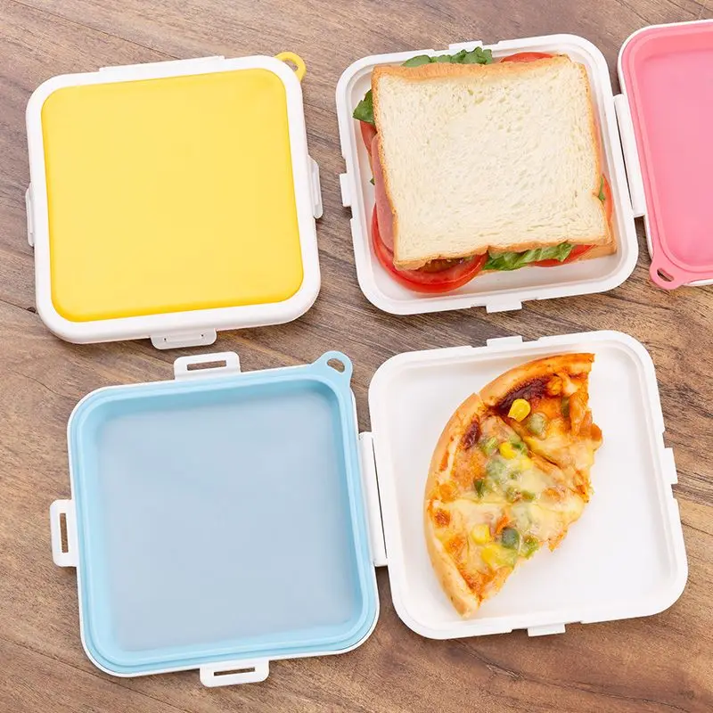 Food Storage Reusable Bags - กล่องเก็บแซนด์วิชแบบพกพา 1 ชิ้น กล่องซิลิโคนสำหรับเก็บอาหารกลางวัน ใช้ซ้ำได้ สามารถแขวนเพื่อเก็บอาหารกลางวันในไมโครเวฟ