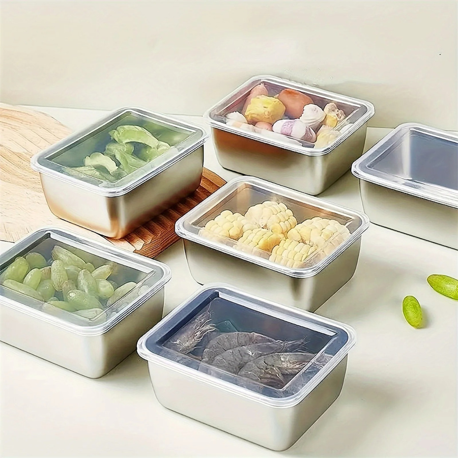Food Storage Containers B&M - 1/3/5pcs สแตนเลสกล่องเก็บอาหารสดกล่องพร้อมฝาปิด, สี่เหลี่ยมผืนผ้าไส้กรอกก๋วยเตี๋ยวผลไม้จานฝาครอบ