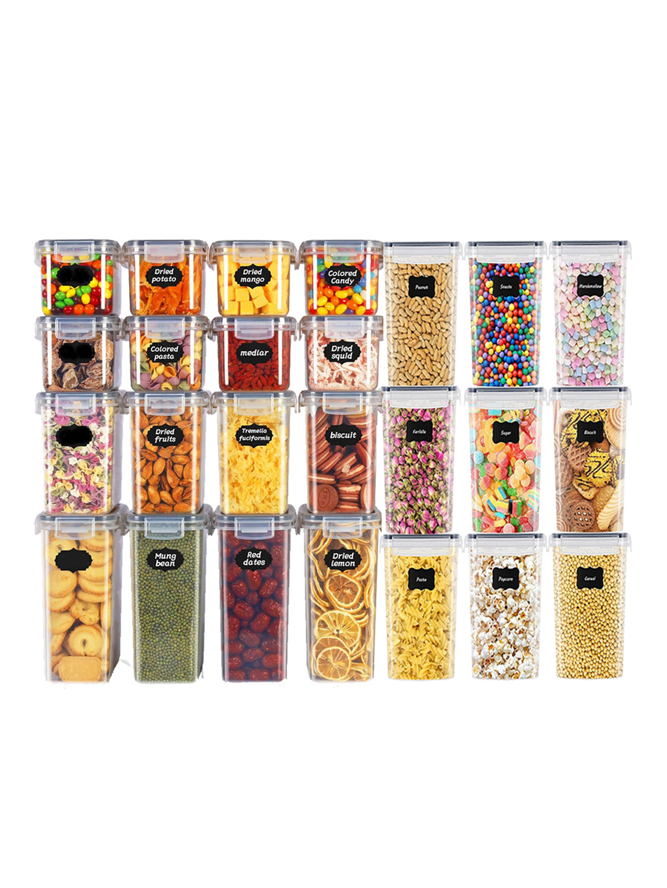 Food Storage Pantry - 48 ชิ้น, ภาชนะเก็บอาหารแบบมีฝาปิด, ภาชนะพลาสติกสำหรับห้องครัว, กระปุกเก็บของแห้งสำหรับแลคโตส, ธัญพืช,