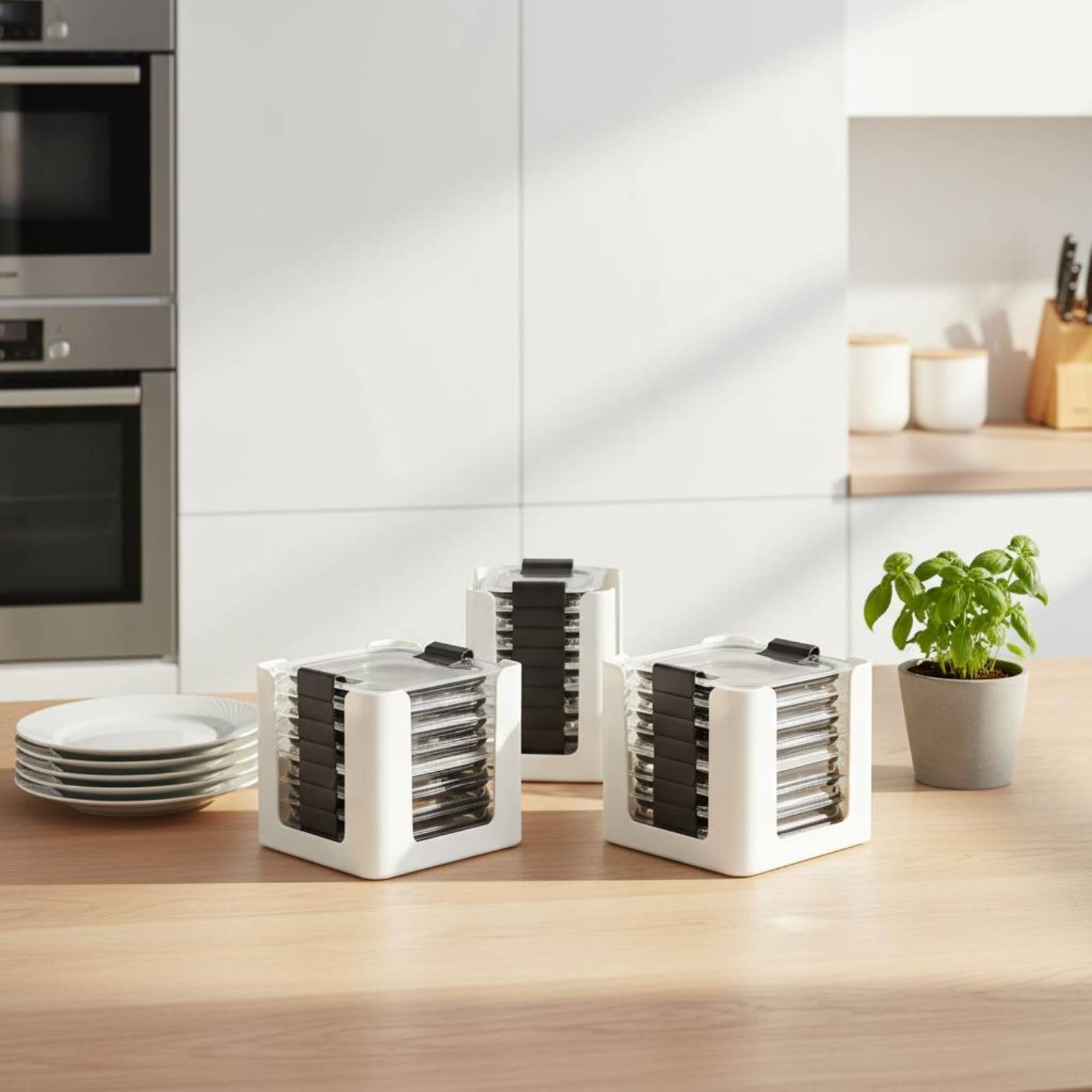 Food Storage Rack - ชั้นวางฝาปิดภาชนะ 3 ชิ้น สำหรับจัดเก็บฝาภาชนะทรงสี่เหลี่ยมผืนผ้า ช่องเปิดทรงกลม-สี่เหลี่ยม ปลอดสาร